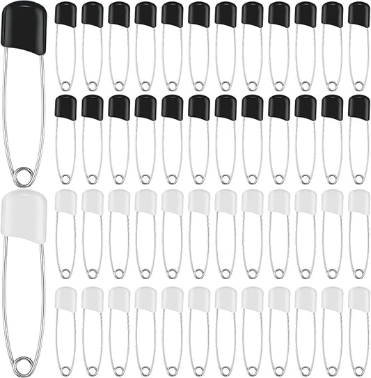 WILLBOND 100 Pcs Safety Pins 2.2 Inch Plastic Head Cloth Pins with Locking Closures Stainless Steel with Velvet Bag, Black and White