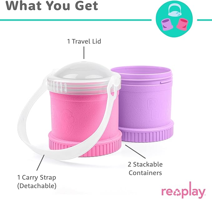 Re-Play Snack Stack Toddler Containers, 2 Sets - Stackable Cups with Travel Lid & Strap for On-the-Go, BPA-Free, Made in USA, Bright Pink/Purple