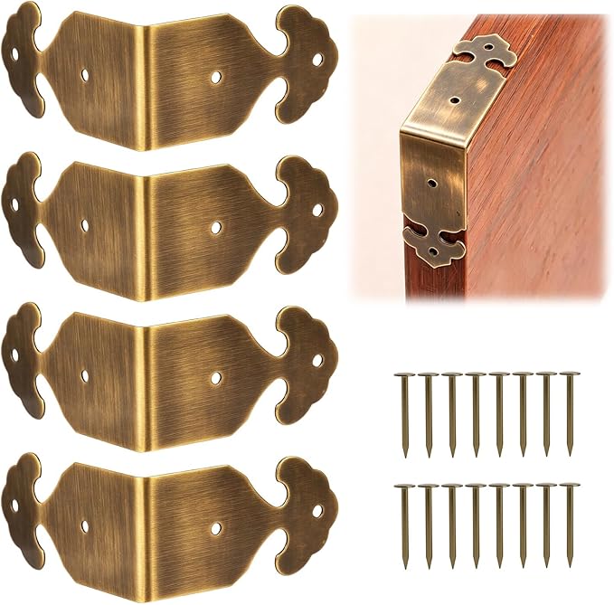 Brass 90 Degree Right Angle Corner Protector Corner,4 pcs Right Angle Decorative Corner Protector Box Edge Cover Bracket, with Mounting Nail (Bronze)