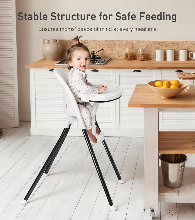 Mallify Foldable High Chair, Space-Saving Portable Baby High Chair with Removable Double Tray, Modern Convertible Baby Feeding Chair, Lightweight, Easy to Clean, White