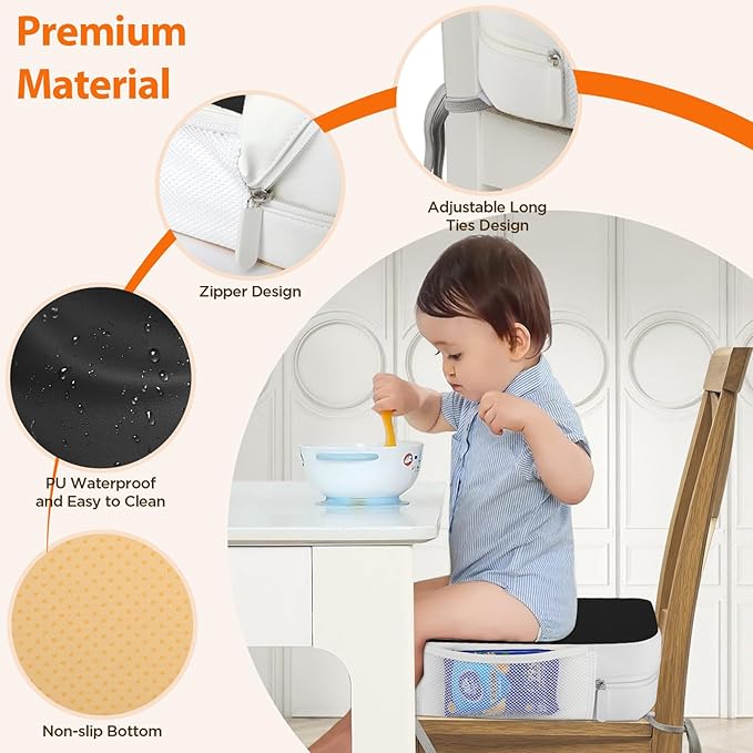 Booster Seat for Kitchen Chair, 3.8" Toddler Booster Seats for Dining Table with Ties, PU Dining Booster Seat with Side Pockets, Non-Slip & Removable Booster Seat for Table Increasing Cushion (Black)