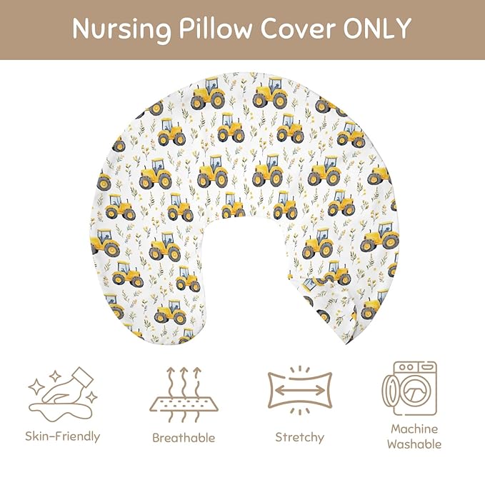 Watercolor Yellow Tractors Baby Nursing Pillow Covers for Boy Girl Farm Tractors Boho Leaves Nursery Feeding Pillowcase for Breastfeeding Pillows Farm Life Soft Stretchy Slipcovers for Newborn Infant