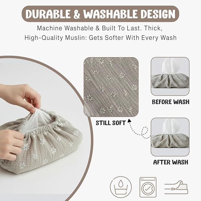 Baby Wipes Cover – Universal Size, One Size Fits All Wipes Packages | Muslin Cotton Tissue Cover for Nursery, Diaper Bag & Changing Table, Station | Gingham & Neutral Patterns (Beige Daisy)