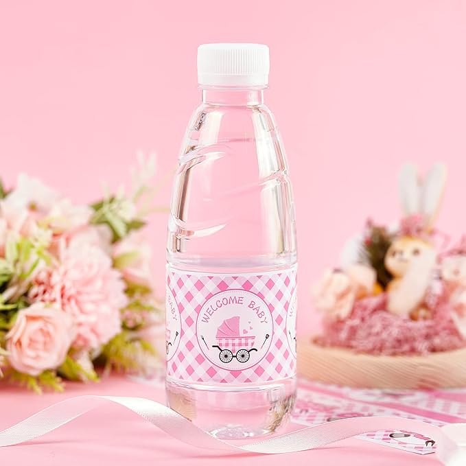 24PCS BBQ Baby Shower Water Bottle Labels, Barbecue Baby Shower Waterproof Self Adhesive Water Bottle Labels for Cookout BBQ Babyq Shower Decorations Girl Pink