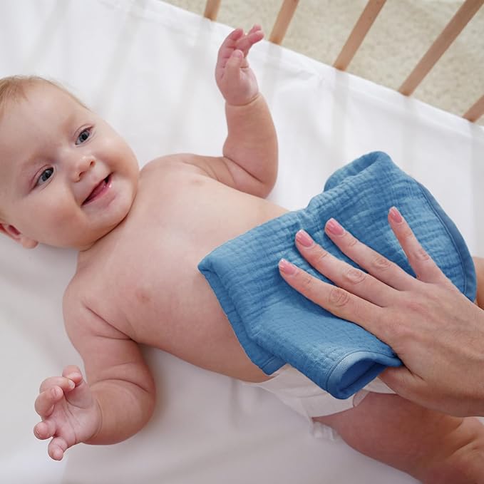 Baby Muslin Burp Cloths 20x10in - Ultra Soft & Absorbent, Neutral Colors, Reusable Burp Cloths for Baby Boys & Girls – Newborn Essentials for Drooling & Burping 4Pack(Blue)