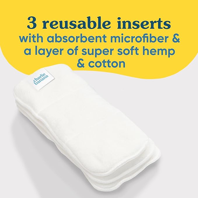 Charlie Banana Baby Super Absorbent Deluxe Reusable and Washable Hemp and Cotton Inserts for Cloth Diapers, Newborn/Booster Size, 3 Pack