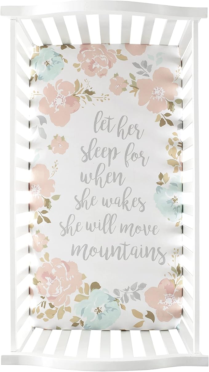 Levtex Baby - Malia Crib Fitted Sheet - Fits Standard Crib and Toddler Mattress - Words - Grey, Pink, Teal and White - Nursery Accessories - 100% Cotton
