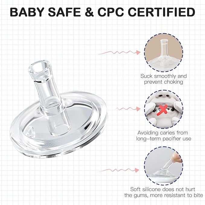 Sippy Straw Nipples for Dr. Browns Wide Neck Baby Bottles, Trainer Sippy Cup 100% Food Grade Silicone Soft Nipple, 8m+, Pack of 4