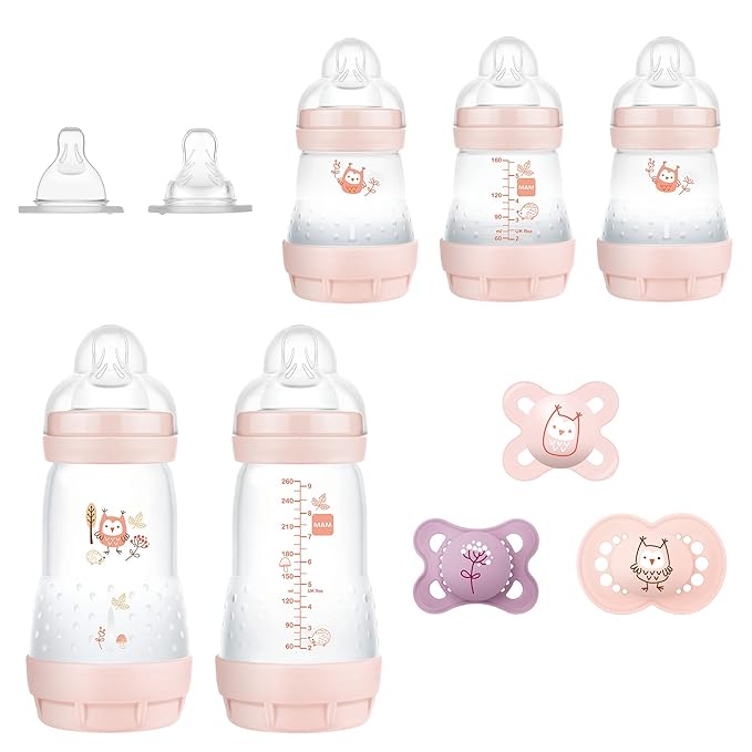 MAM Newborn Essentials "Baby Essentials" Matte Gift Set (9-Piece), Easy Start Anti-Colic Baby Bottles, Baby Pacifiers, Girl & Grow with Baby 15-Piece Gift Set, Newborn 0-4 Months
