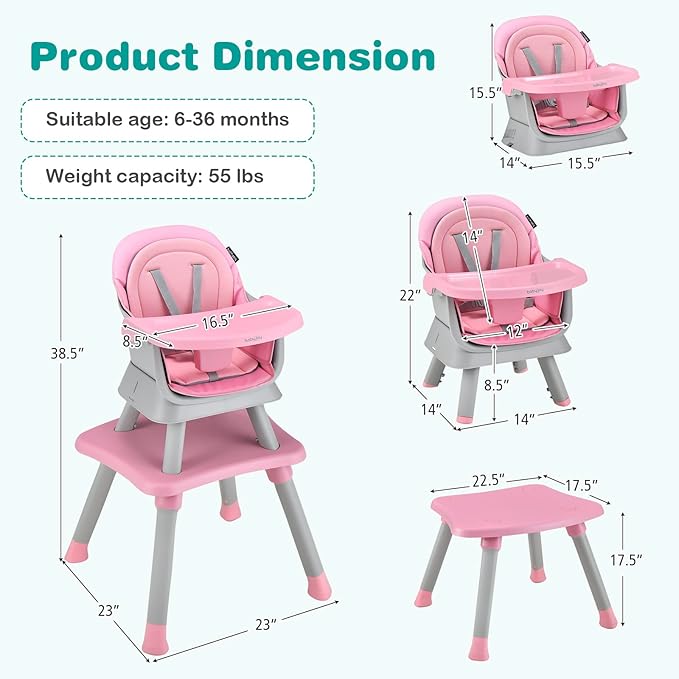 HOMGX Baby High Chair, 8-in-1 Convertible High Chair w/Removable Tray & Safety Harness, Infant Dining Booster Seat, Building Block Table & Chair Set, Highchair for Babies and Toddlers (Pink)