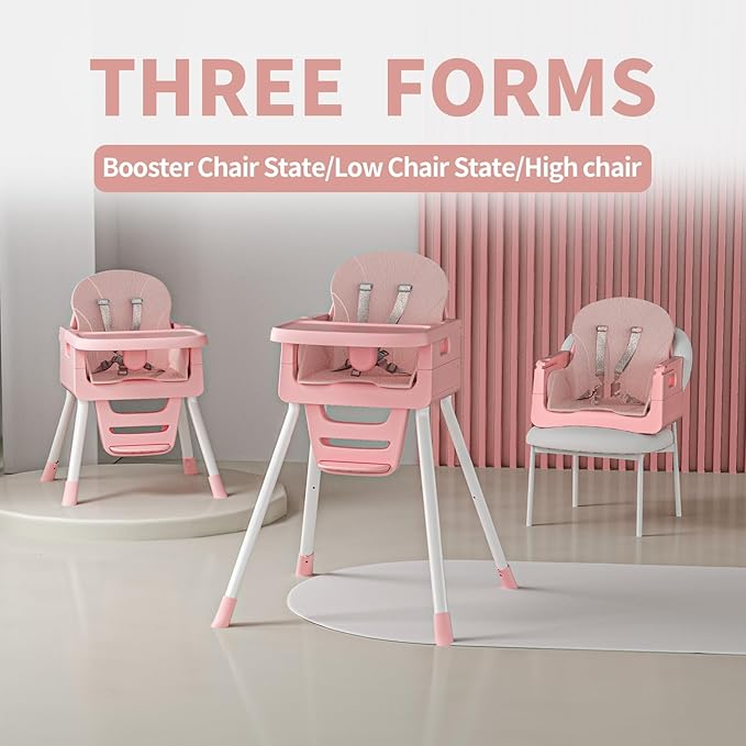 Portable High Chairs for Babies and Toddlers, Convertible Baby Feeding Chair with Tray, Easy Clean High Chair for Toddler with Foot Rest, Infant Highchairs & Booster Seats with Cushion Pink