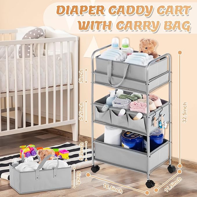 Honeydak 2in1 Baby Diaper Caddy Organizer Cart 3 Tier Large Capacity Metal Utility Bedside Rolling Cart with Divider Newborn Registry Nursery Essential Must Have Crib Bedroom Baby Shower(Gray)