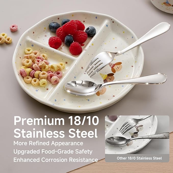 KINGSTONE Toddler Utensils Set, 2-Piece Forks and Spoons, 18/10 Stainless Steel Kids Silverware for Self-Feeding Training, Food-Grade Flatware Set with Storage Case for Traveling, Dishwasher Safe