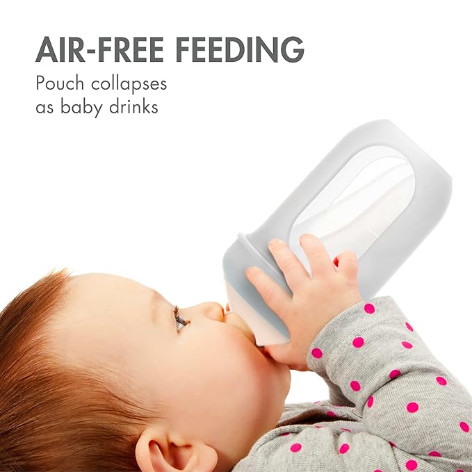 Boon Nursh Reusable Silicone Baby Bottles with Collapsible Pouch - Stage 1 Slow Flow - Gray & Blue - 4 Oz - 3 Count Each