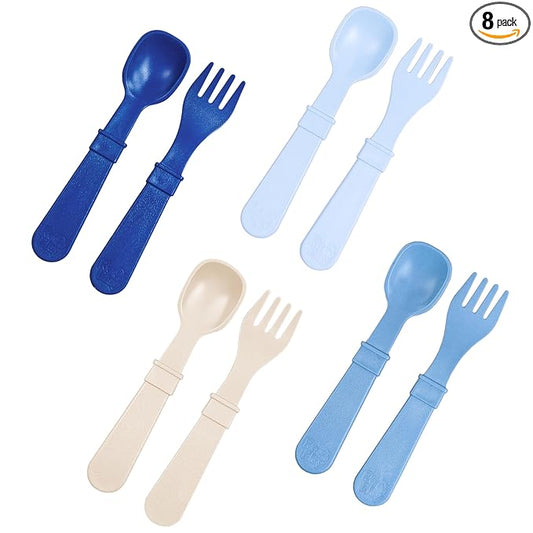Re-Play Toddler Forks and Spoons Set - 4x4 Utensils Set for Kids - Dishwasher and Microwave Safe - Made in USA - Set of 8-5.8" x 1.2" x 0.2" - Cool Blues