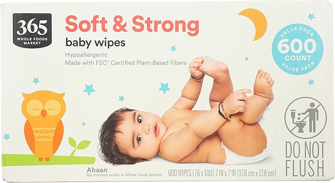 365 by Whole Foods Market, Soft & Strong Disposable Baby Wipes, Fragrance-Free, 100 Count (Pack of 6)