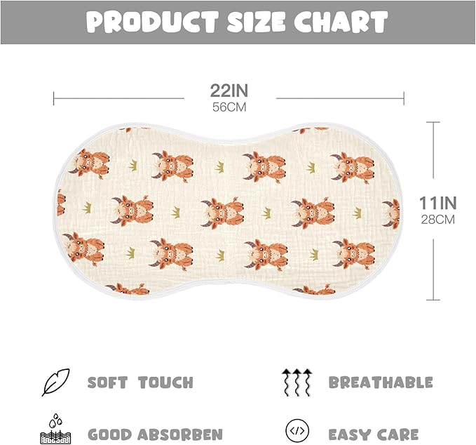 Highland Cow Muslin Burp Cloths for Baby Boys and Girls - 4-Pack Ultra Absorbent Muslin Washcloths, Newborn Towel, Milk Spit Up Rags, Burp Cloth Bib for Unisex, 22 x 11 Inch