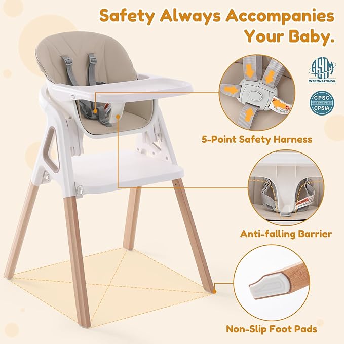 Baby High Chair, 4 in 1 Wooden Convertible High Chair for Babies and Toddlers with Erase Board, Highchair for Baby & Toddler, 5-Point Safety Belt & Waterproof PU Cushion (Beige)