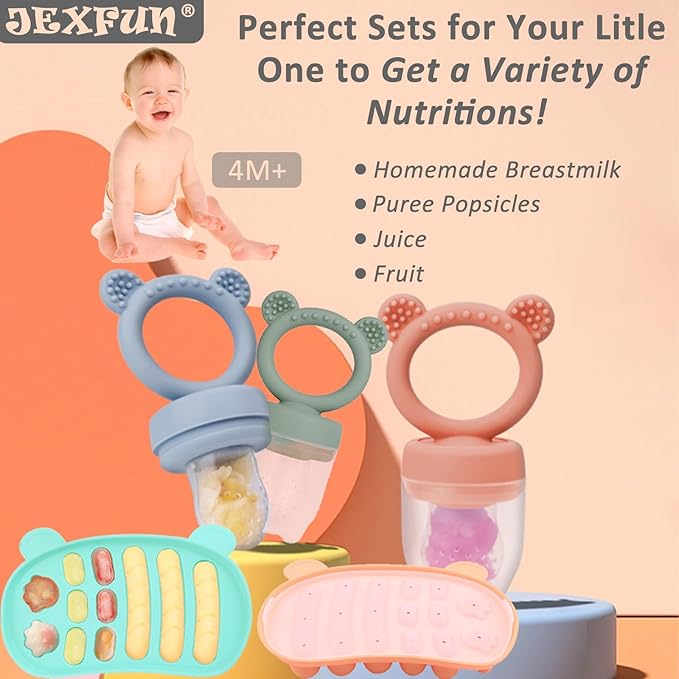 JEXFUN Silicone Baby Fruit Food Feeder Pacifier & Freezer Tray Set, Breastmilk Popsicle Mold for Teething, Silicone Baby Food Storage Containers for Baby Teething & Infant Self Feeding, BPA Free