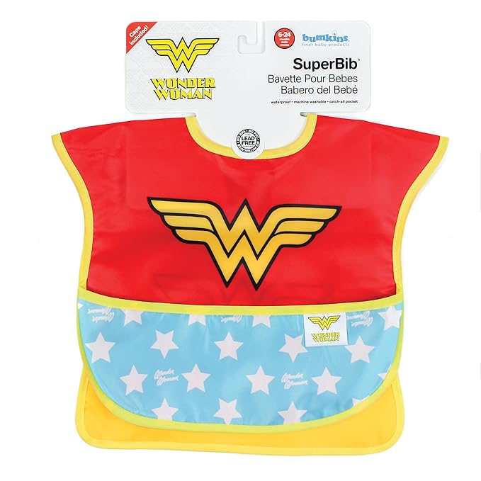 Bumkins Bib for Girl or Boy, Baby and Toddler for 6-24 Months, Essential Must Have for Eating, Feeding, Baby Led Weaning, Mess Saving Waterproof Soft Fabric, SuperBib with Cape, Wonder Woman DC Comics