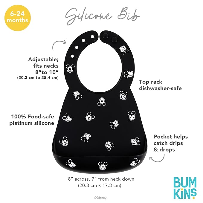 Bumkins Disney Bibs, Silicone Pocket for Babies, Baby Bib for Girl or Boy, for 6-24 Months Up to Toddler, Essential Must Have for Eating, Feeding, Baby Led Weaning Supplies, Mess Saving, Mickey Mouse