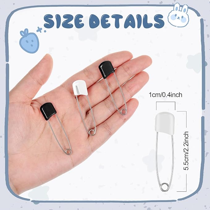 WILLBOND 100 Pcs Safety Pins 2.2 Inch Plastic Head Cloth Pins with Locking Closures Stainless Steel with Velvet Bag, Black and White