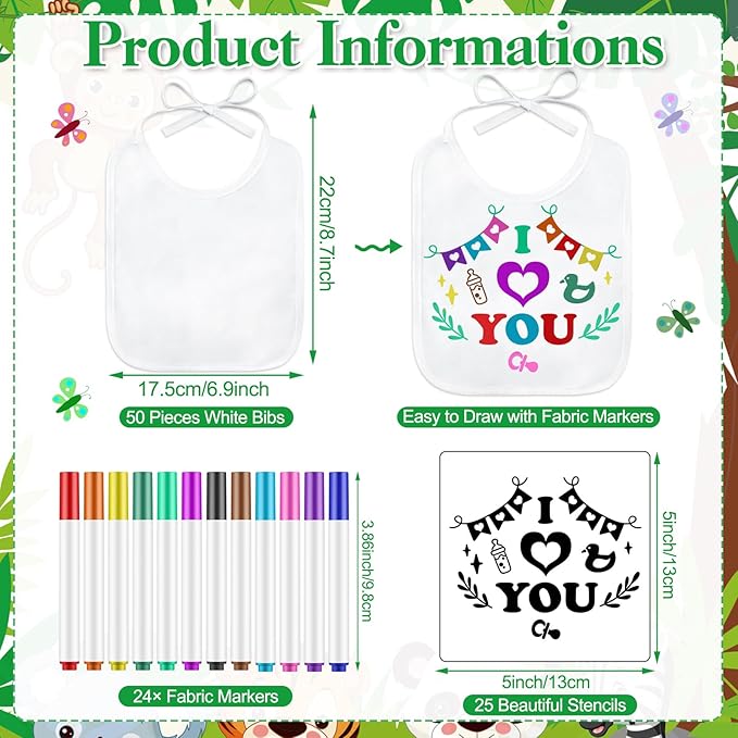 Panitay 100 Pcs DIY Baby Bibs Decorating Kit 50 White Bibs 25 Stencils 24 Markers 1 Baby Shower Game Sign