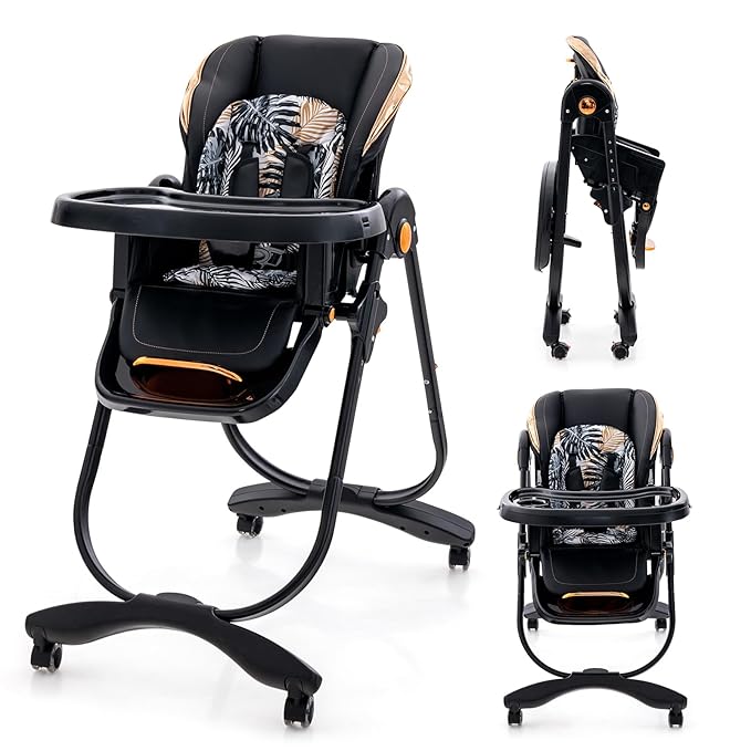 HONEY JOY Baby High Chair, Foldable High Chairs for Babies and Toddlers, Adjustable Heights, Recline Backrest & Footrest, Double-Layer Tray & Cushion, Portable Infant Highchair with Wheels (Black)