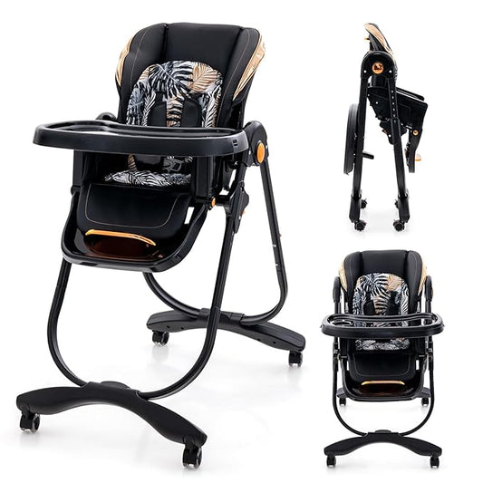 HONEY JOY Baby High Chair, Foldable High Chairs for Babies and Toddlers, Adjustable Heights, Recline Backrest & Footrest, Double-Layer Tray & Cushion, Portable Infant Highchair with Wheels (Black)