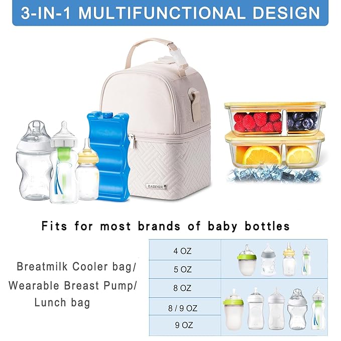 Breastmilk Cooler Bag with Ice Pack Fits 6 Baby Bottles up to 9 Ounce, Breast Milk Pump Cooler Bag with Shoulder Strap for Nursing Mom Daycare, Work, Travel- Cream