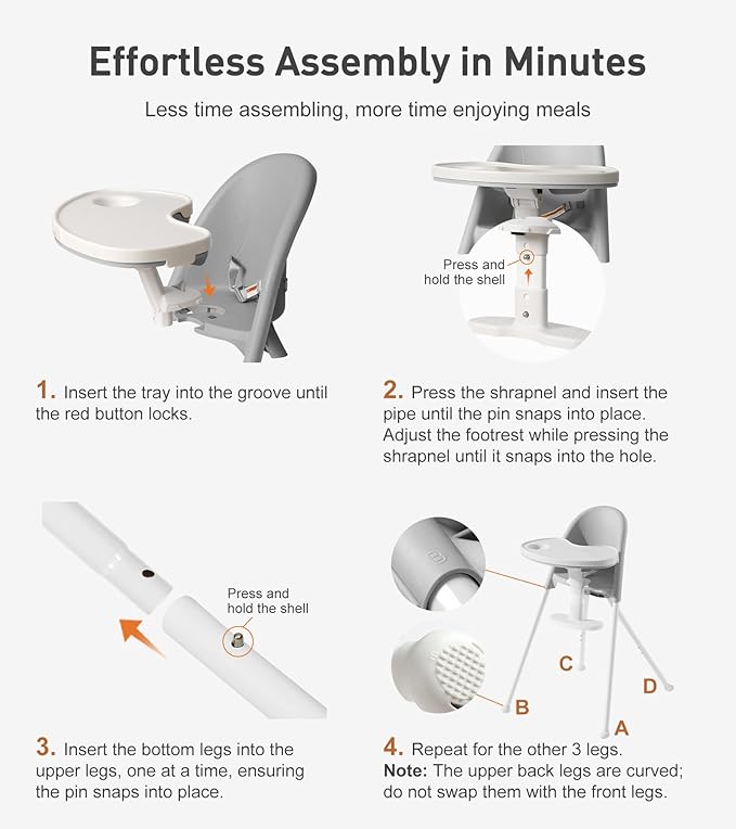Mallify Foldable High Chair, Space-Saving Portable Baby High Chair with Removable Double Tray, Modern Convertible Baby Feeding Chair, Lightweight, Easy to Clean, Gray