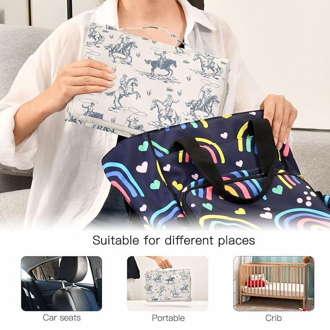 Cowboys Horse Western Portable Diaper Changing Pad with Wipes Holder, West Desert Foldable Baby Diaper Changer Travel Bag American Wild Baby Changing Mat with Built-in Pillow for Newborn