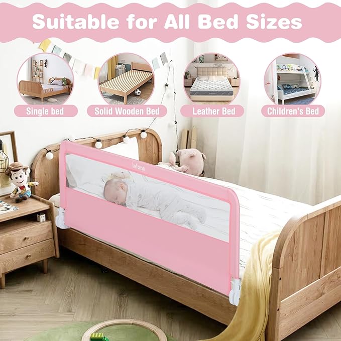INFANS Bed Rail for Toddlers, 58" Foldable Safety Baby Crib Rail Fit for Kids Twin, Extra Long Swing Down Bed Guardrail for Convertible Crib, Queen, Full, King Mattress Side Guard (Pink)