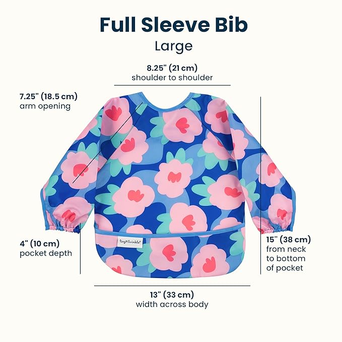 Tiny Twinkle Mess Proof Baby Bib, Cute Full Sleeve Bib Outfit, Waterproof Bibs for Toddlers, Machine Washable, Tug Proof Closure, Baby Smock for Eating, Long Sleeve (Floral Blue, Large 2-4 Years)