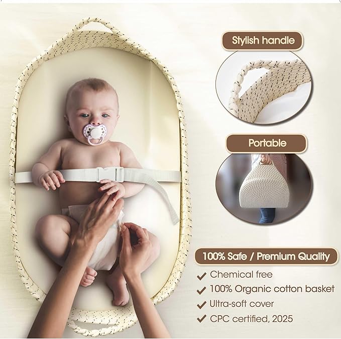 Baby Changing Basket - Soft & Waterproof Dual-Cover, Portable, Moses Basket, Changing Pad for Dresser & Changing Table, Gift for Baby Shower, Organic Cotton Rope