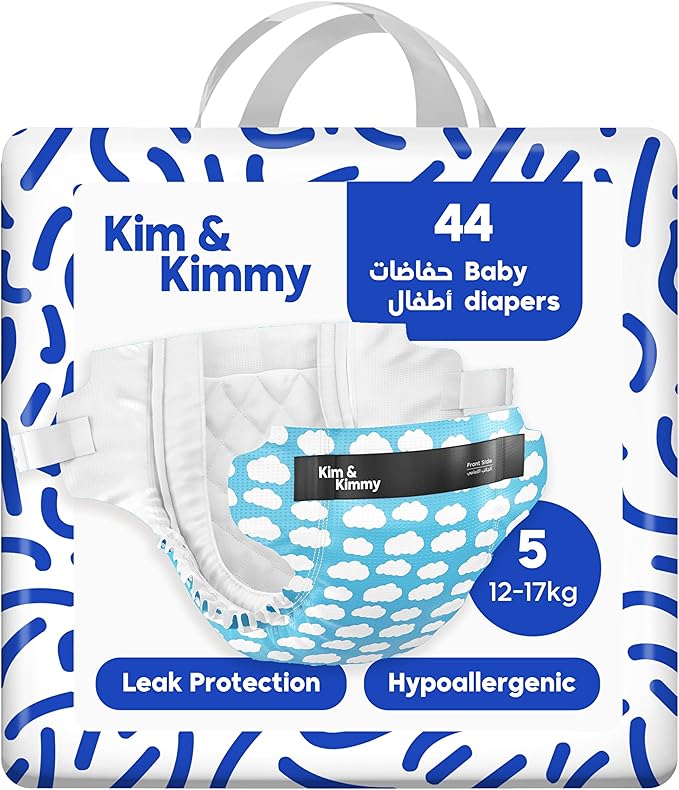Kim & Kimmy Eco Diapers, Size 5, 26-38 lbs, 44 Diapers - 12 Hour Leak Protection, No Rashes, Hypoallergenic, Ultra-Soft & Highly Absorbent - Cruelty Free & Vegan - Little Clouds