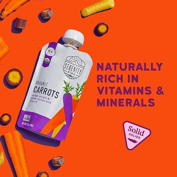 Serenity Kids 6+ Organic Carrot Veggie Puree Baby Food Pouches - No Added Sugar & Allergen-Free Baby Snacks - BPA-Free Veggie Pouches - On-The-Go Snack Pack - 3.5 Oz Pack of 12