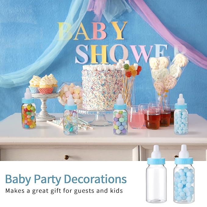 48 Pcs 4.5 Inch Baby Bottle Shower Favor Mini Plastic Candy Bottle Baby Shower Fillable Feeding Candy Box for Party Boy Girl Birthday Newborn Baptism with Removable Blue Tops