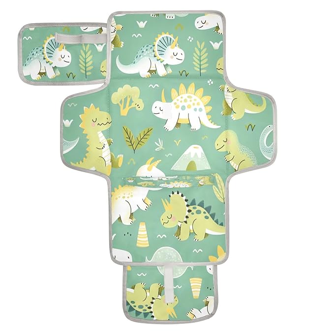 Cute Dinosaurs Portable Diaper Changing Pad - Waterproof Foldable Baby Diaper Changing Pad with Built-in Pillow, Travel Diaper Changing Mat for Newborn Baby