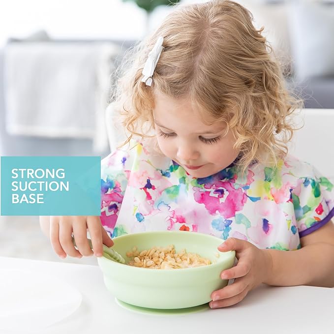 Bumkins Baby Bowl, Silicone Suction, for Babies, Toddlers and Kids, Baby Led Weaning, Feeding Essentials, Platinum Silicone, Non Skid Sticky Bottom, Supplies for Children Ages 6 Months Up, Sage