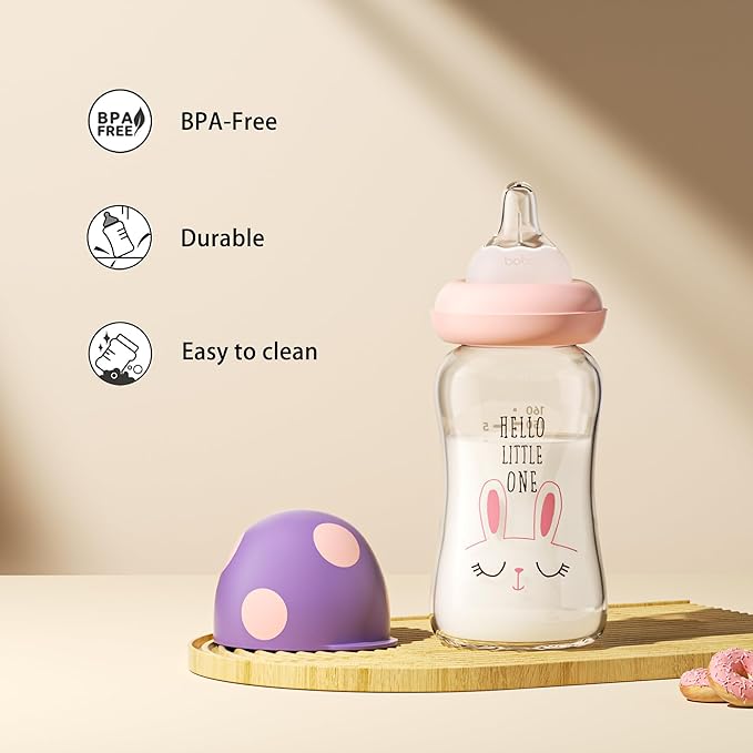 YOHKOH Natural Glass Baby Bottle with Level 1 Slow Flow Nipple, Newborn Anti-Colic Baby Bottles, Wide Neck Mushroom Baby Glass Bottle ((5.4oz (Pack of 2), Purple)