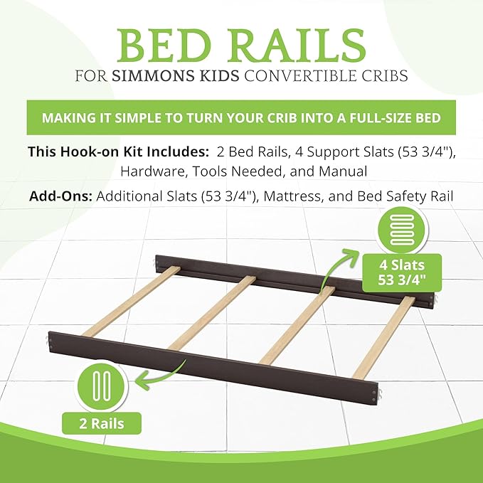 Full-Size Conversion Kit Bed Rails Compatible with Simmons Kids Convertible Cribs by Delta Children - Solid Wood Rail - Toddler and Adult Bed Rail - Nursery Furniture (Vintage Espresso, HOOK-ON KIT)