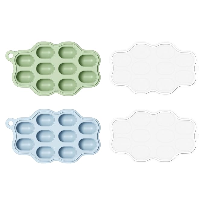 Baby Food Freezer Tray & Fruit Feeder Set – 2 Pack Silicone Baby Food Storage Trays + 2 Fresh Food Feeders for Infant Teething & Self Feeding – Popsicle Mold for Breastmilk, Purees, Blue & Green