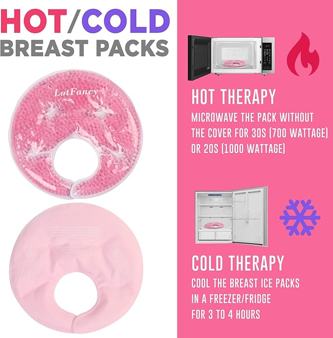 LotFancy Breast Ice Packs, 2 Hot Cold Breast Therapy Packs and 2 Covers, Breastfeeding Essentials, Gel Nursing Pad for Engorgement, Plugged Ducts, Mastitis, Warm Compress for Pumping