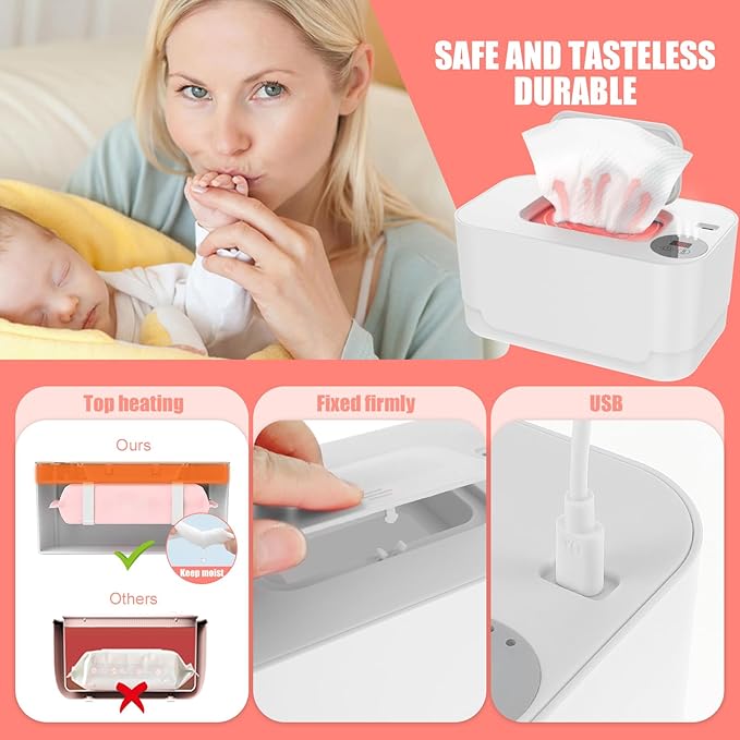 Baby Wipe Warmer with LED Light, 104-131°F Adjustable Baby Wipe Warmer Dispenser Portable Wipe Heater Warmer USB Powered Wet Wipes Warmer D Keeps Wipes Warm and Moist for Baby(White)