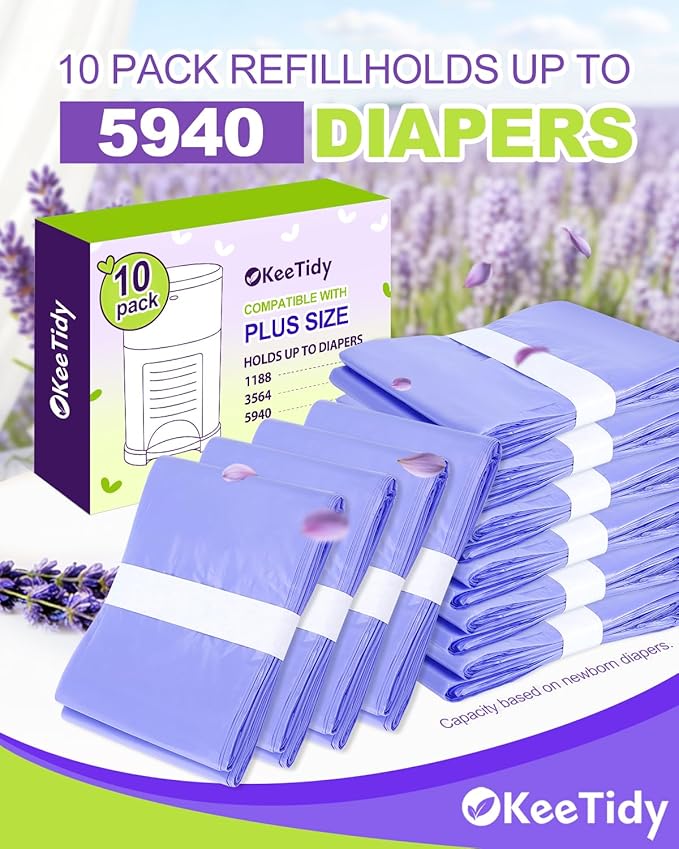 Diaper Pail Refill Bags Compatible with DEKOR PLUS Diaper Pails, 20% Extra Length Diaper Bags Disposable with Lavender Flavor, Holds up to 5940 Diapers, 10 Pack