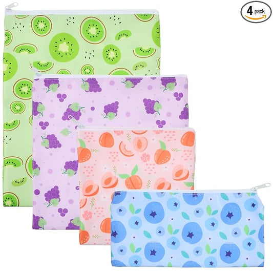Paterr 4 Pcs Sandwich Bag Reusable Zipper Snack Bags Washable Food Safe Lunch Bags for Kids Students Adults Food (Fruit)