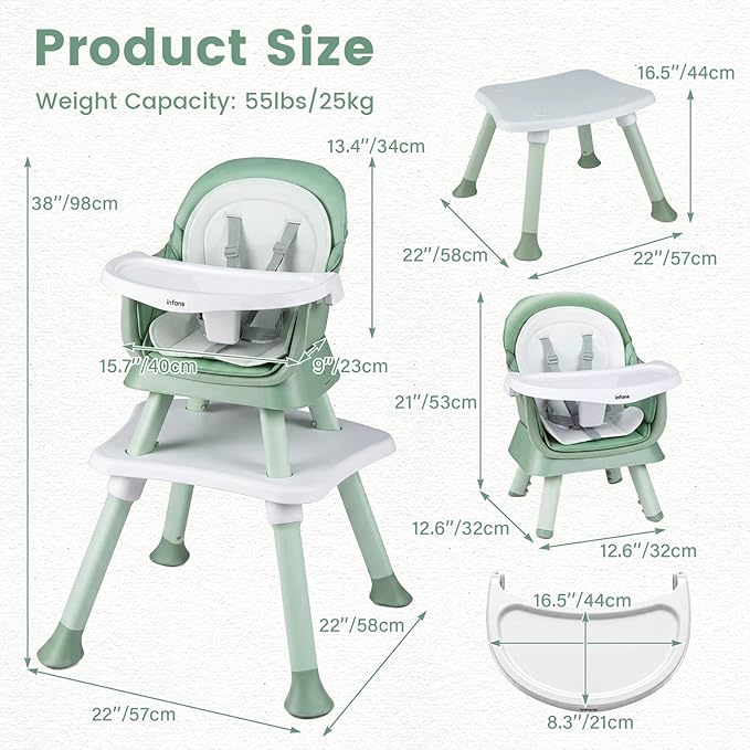INFANS 8 in 1 Baby High Chair, Convertible Highchair for Babies and Toddlers, Infant Dining Booster Seat, Building Block Table, Kids Stool Table Chair Set with Removable Tray (Green)