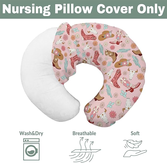 Boho Western Cowgirl Baby Nursing Pillow Covers for Girl Pink Cowgirls Boots Hat Cactus Floral Cow Skulls Nursery Slipcovers for Breastfeeding Pillows Wild West Soft Stretchy Cover for Newborn Infant