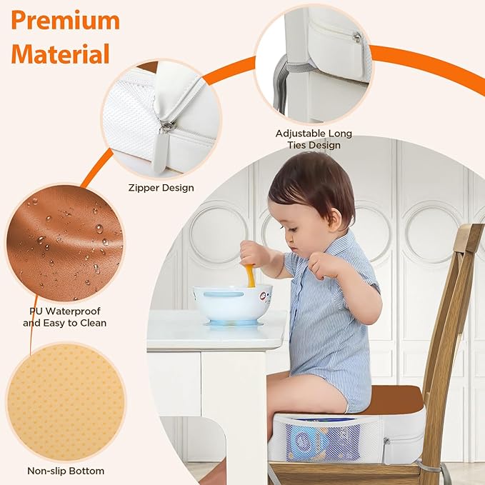 Booster Seat for Kitchen Chair, 3.8" Toddler Booster Seats for Dining Table with Ties, PU Dining Booster Seat with Side Pockets, Non-Slip & Removable Table Booster Seat Increasing Cushion (Brown)